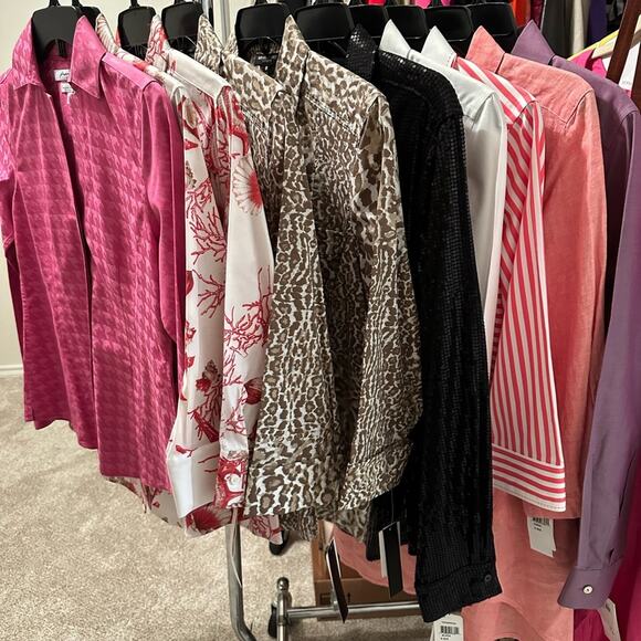 Foxcroft Button Up Blouse Magenta Pink Houndstooth Cotton NWT Career Barbie - Picture 3 of 5